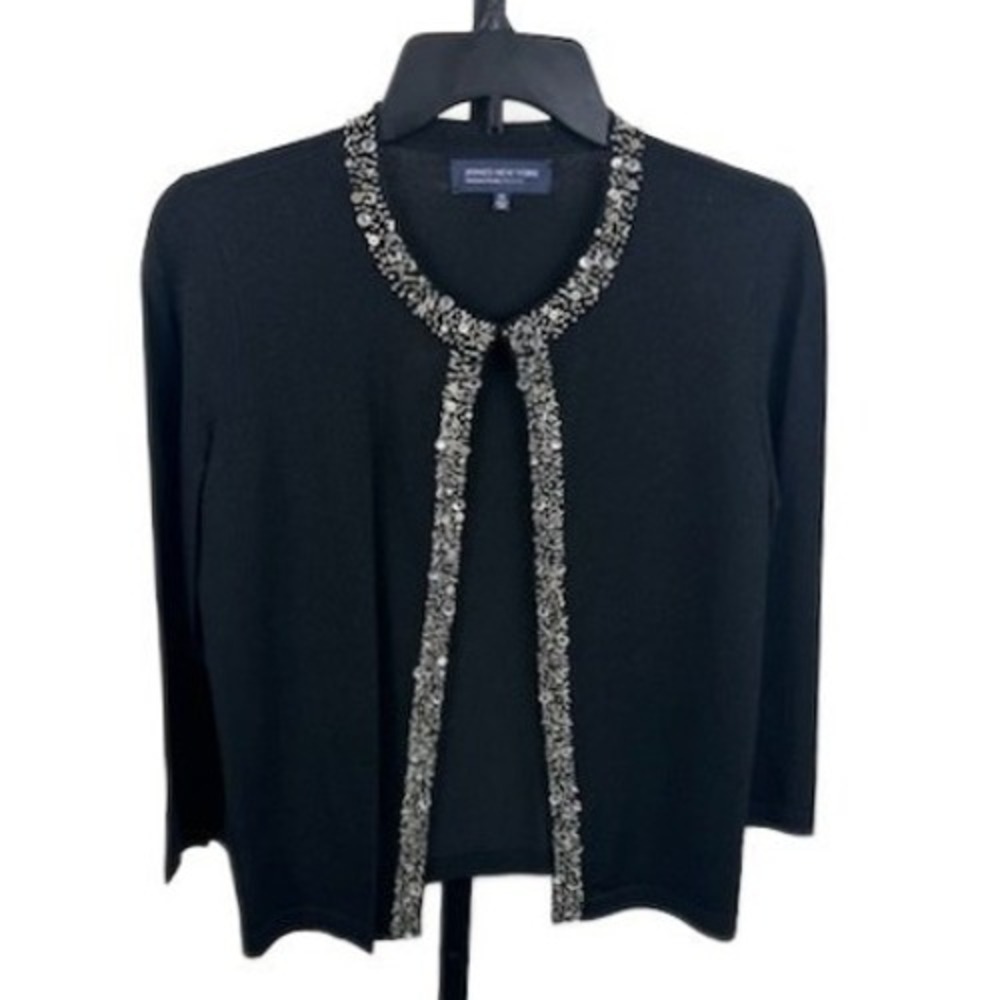Jones New York Cardigan Sweater Women Size Petite Small Black Beaded Y2K Holiday